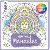 Cover eines Malbuchs mit dem Titel "Kraftvolle Mandalas", dekoriert mit bunten Mandalas und Wolken.