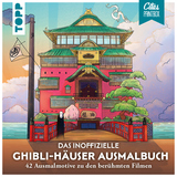 Ausmalbuch mit Ghibli-Häuser-Motiven, 42 Illustrationen und Hintergrundinfos im Vordergrund.