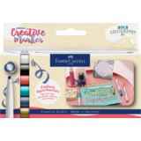 Packung mit Faber-Castell Layoutmarkern in goldfarbener, silberner und schwarzer Ausführung.