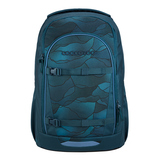 Schulrucksack in blauer Farbe mit abstraktem Muster und zwei verstellbaren Gurtbändern.