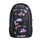 Schwarzer Schulrucksack mit bunten, floralen Mustern und mehreren Fächern im Frontbereich.