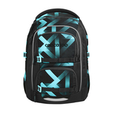 Schwarzer Schulrucksack mit mintgrünem geometrischem Muster und mehreren Fächern.