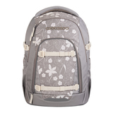 Schulrucksack COOCAZOO MATE in Grau mit Blumenmuster und verschiedenen Fächern.