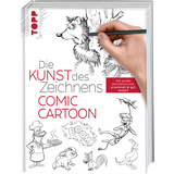 Zeichenbuch mit Illustrationen von Comicfiguren und handhaltendem Bleistift, Titel oben sichtbar.