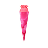 Bunte Schultüte in Pink mit rundem, beflocktem oberen Teil.