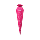 Pinkfarbene Schultüte mit Sternenmotiv und einem verschlossenen oberen Teil.