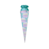Schultüte in sanften Farben mit gepunktetem Design und aufziehbarem Stoffoberteil.