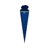 Blaue Schultüte mit geometrischem Muster und geschmückt mit einem praktischen Zugband oben.