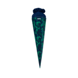 Schultüte in Form eines Kegels, grün-blaues Blattmuster, mit schwarzem oberen Saum.