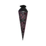 Schultüte in Kegelform mit schwarzem und rotem Muster, oben mit schwarz-gemustertem Beutel.