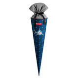 Reflektierende Schultüte mit Haube in grau und blauem Shark-Motiv für den ersten Schultag.