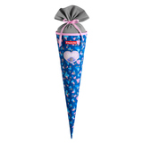 Reflektierende Schultüte in Blau mit Muschel-Design und grauem Verschluss.