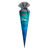 Schultüte in Kegelform mit Allover-Print und grauem Oberteil, geeignet für den ersten Schultag.