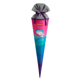Schultüte mit Delfin-Motiv in Pink- und Blautönen, mit grauem Verschlussband.