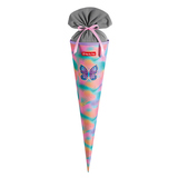 Schultüte in konischer Form mit buntem Schmetterlingsmotiv und grauem Deckel.
