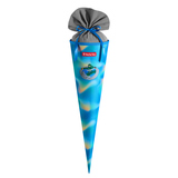 Schultüte in Blau mit Ninja-Zazu-Motiv und grauem Oberteil, geeignet für den ersten Schultag.