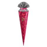 Schultüte in pink mit Wildpferd-Motiv und grauem Oberteil, ideal für den ersten Schultag.