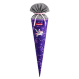 Schultüte in lila mit Pegasus-Motiv und grauem Oberteil, geeignet für den ersten Schultag.