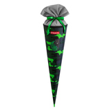 Schultüte mit grün-schwarzem Camouflage-Design und Katzenmotiv, oben mit grauem Bezug.