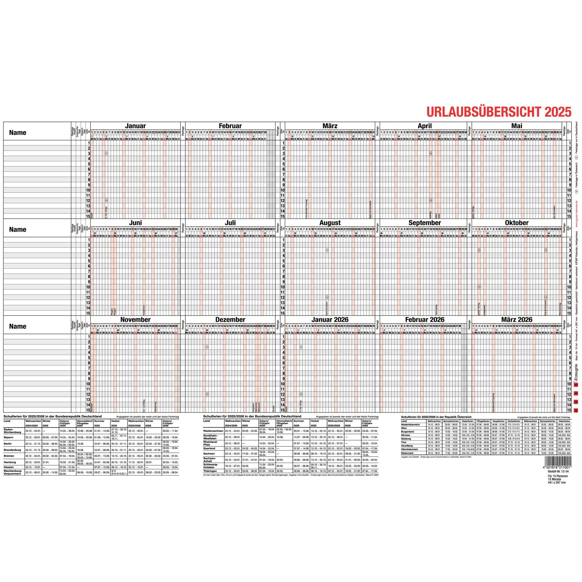 GÜSS Urlaubsübersicht 12-54 Querformat 15MA 2farbig - GÜSS Urlaubsübersicht 12-54 Querformat 15MA 2farbig - 2