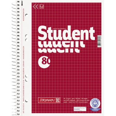 BRUNNEN Collegeblock Student Recycling DIN A5 kariert mit Rand innen/außen