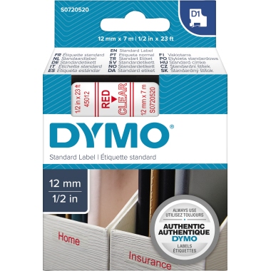 DYMO® Schriftbandkassette D1 12 mm x 7 m (B x L) transparent rot Produktbild