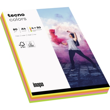 inapa tecno Kopierpapier Colors DIN A4 80 g/m² 100 Bl./Pack. je 20 x pastellgelb, pastellmandarine, pastellrosa, pastellgrün, pastellblau Produktbild pa_produktabbildung_1 L