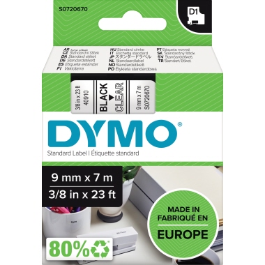 DYMO® Schriftbandkassette D1 9 mm x 7 m (B x L) schwarz transparent Produktbild pa_produktabbildung_2 L
