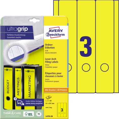 Avery Zweckform Ordnerrückenetikett ultragrip breit/lang gelb Produktbild
