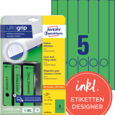 Avery Zweckform Ordnerrückenetikett ultragrip schmal/lang grün Produktbild