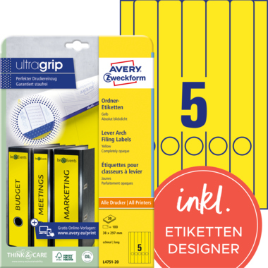 Avery Zweckform Ordnerrückenetikett ultragrip schmal/lang gelb Produktbild