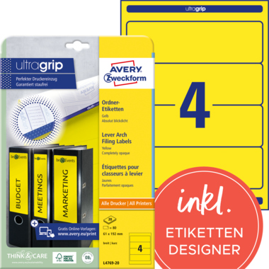 Avery Zweckform Ordnerrückenetikett ultragrip breit/kurz gelb Produktbild