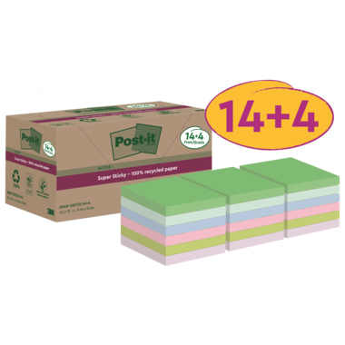 Post-it® Haftnotiz Super Sticky Recycling Notes 76 x 76 mm (B x H) 18 Block/Pack. Produktbild