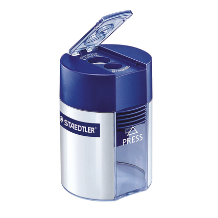 Doppelspitzdose in Silber und Blau mit transparentem Deckel und Drucktastenmechanismus.