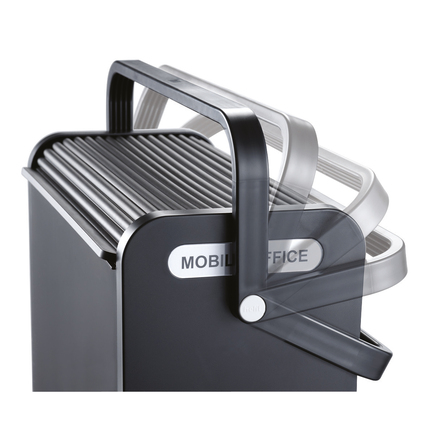 Hängemappenbox mit Rolloverschluss und zwei Beschriftungsfeldern, von der Seite sichtbar.