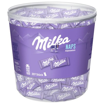 Transparenter Behälter mit Milka Naps in lila Verpackung, insgesamt 207 Stück enthalten.