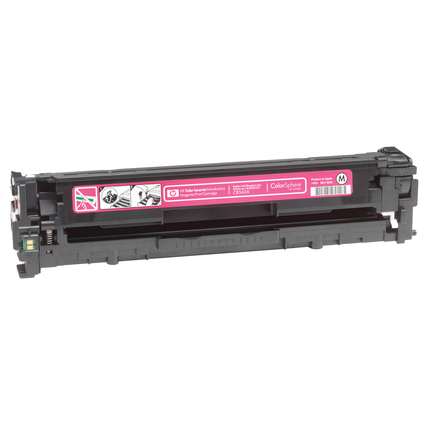 Magenta HP Toner 125A in seitlicher Ansicht, mit Illustrationen zur Handhabung.