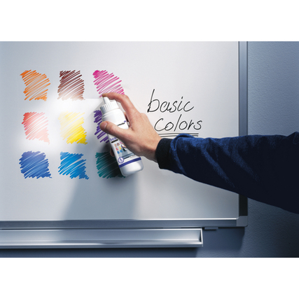 Hand mit Flasche Reinigungsspray, das auf ein beschriftetes Whiteboard gesprüht wird.