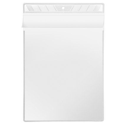 Transparente Sichttasche DIN A5 mit Überfallklappe und Aufhängeloch.