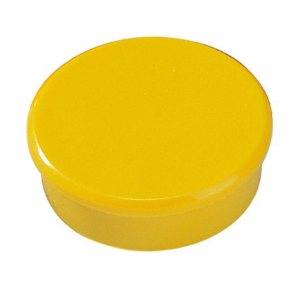 Gelber runder Magnet mit glatter Oberfläche und praktischem Griffrand.
