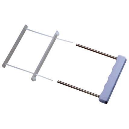 Abheftbügel mit Deckschiene und zwei Aufreihstiften zur Verwendung in Ordnersystemen.