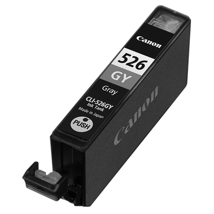 Graue Tintenpatrone CLI-526GY von Canon mit Kunststoffgehäuse und Druckknopf.