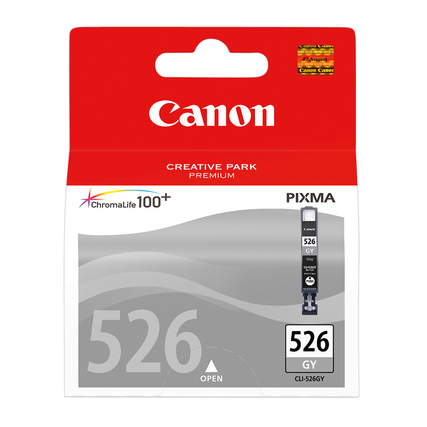 Graue Canon Tintenpatrone CLI-526GY in Verpackung mit Produktinformationen und Markenlogo.