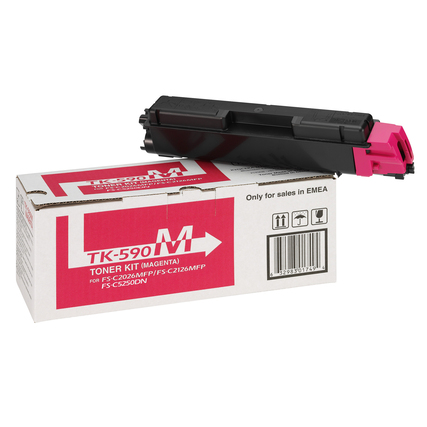 Magenta Toner TK-590M auf einer Verpackung mit Beschreibung und Pfeilrichtung.