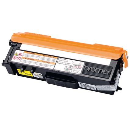 Gelber Toner TN-328Y von Brother in Seitenansicht mit Warnhinweisen und Labels.
