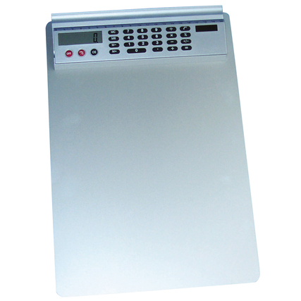 Klemmbrett aus Aluminium mit abnehmbarem Solarrechner und integrierten Tasten.