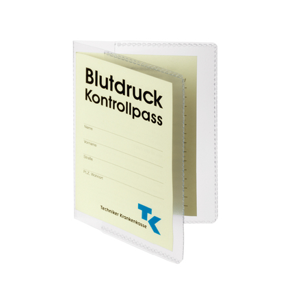 Transparente Ausweishülle mit ausgeklapptem Inhalt für den Blutdruck Kontrollpass.