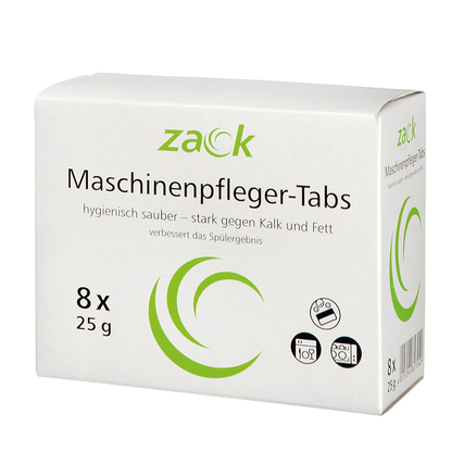 Weiße Verpackung mit grüner Schrift für 8 Maschinenpfleger-Tabs zur Reinigung von Spülmaschinen.