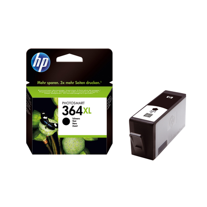 Schwarze HP Tintenpatrone 364XL in Verpackung, seitliche Ansicht mit Eierform und Barcode.