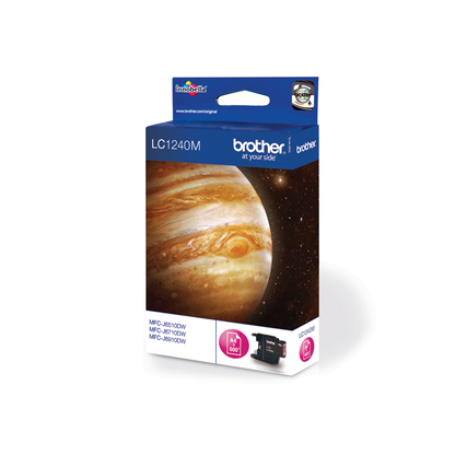 Magenta Tintenpatrone in Verpackung mit Abbildungen eines Planeten und Druckermodellen.